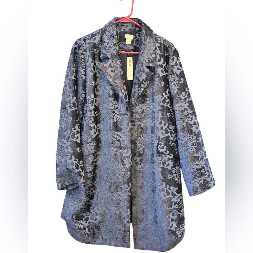 NWT Chico's Opulent Navy Jacquard Topper Duster Jacket Long Blazer Size 3(XL)